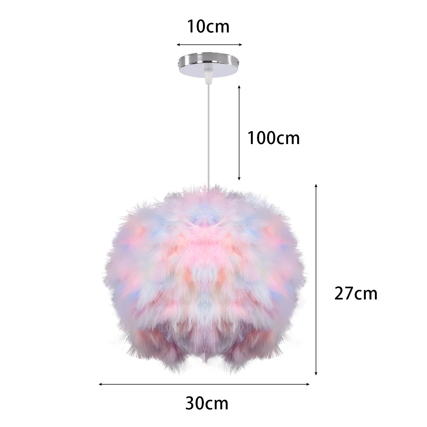 Multicolored feather pendant light with dimensions on a white background
