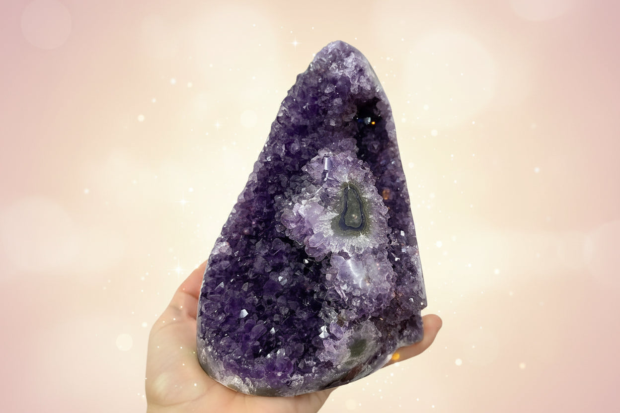 Amethyst crystal with a hand holding it against a plain background