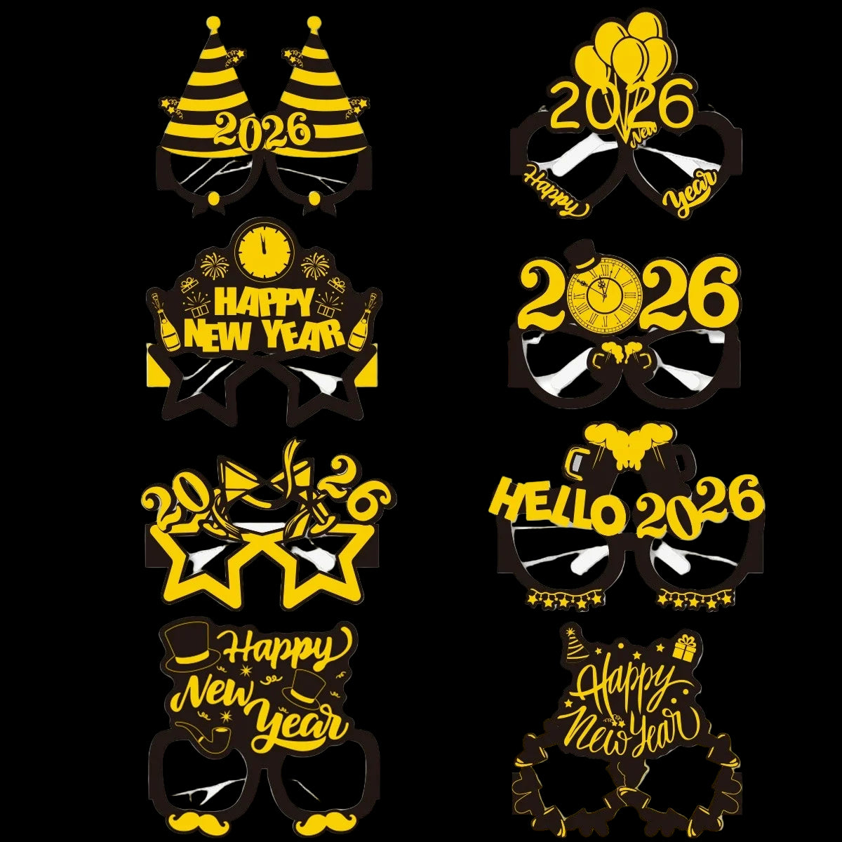 Set of novelty glasses with New Year designs on a white background