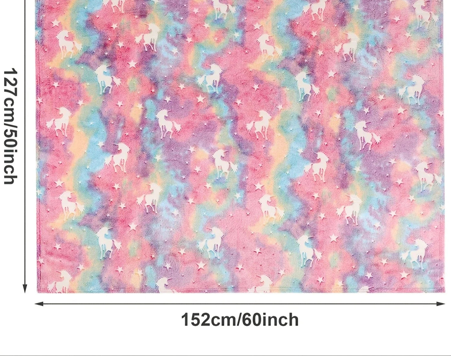 Colorful fabric with unicorn pattern and measurements on a white background