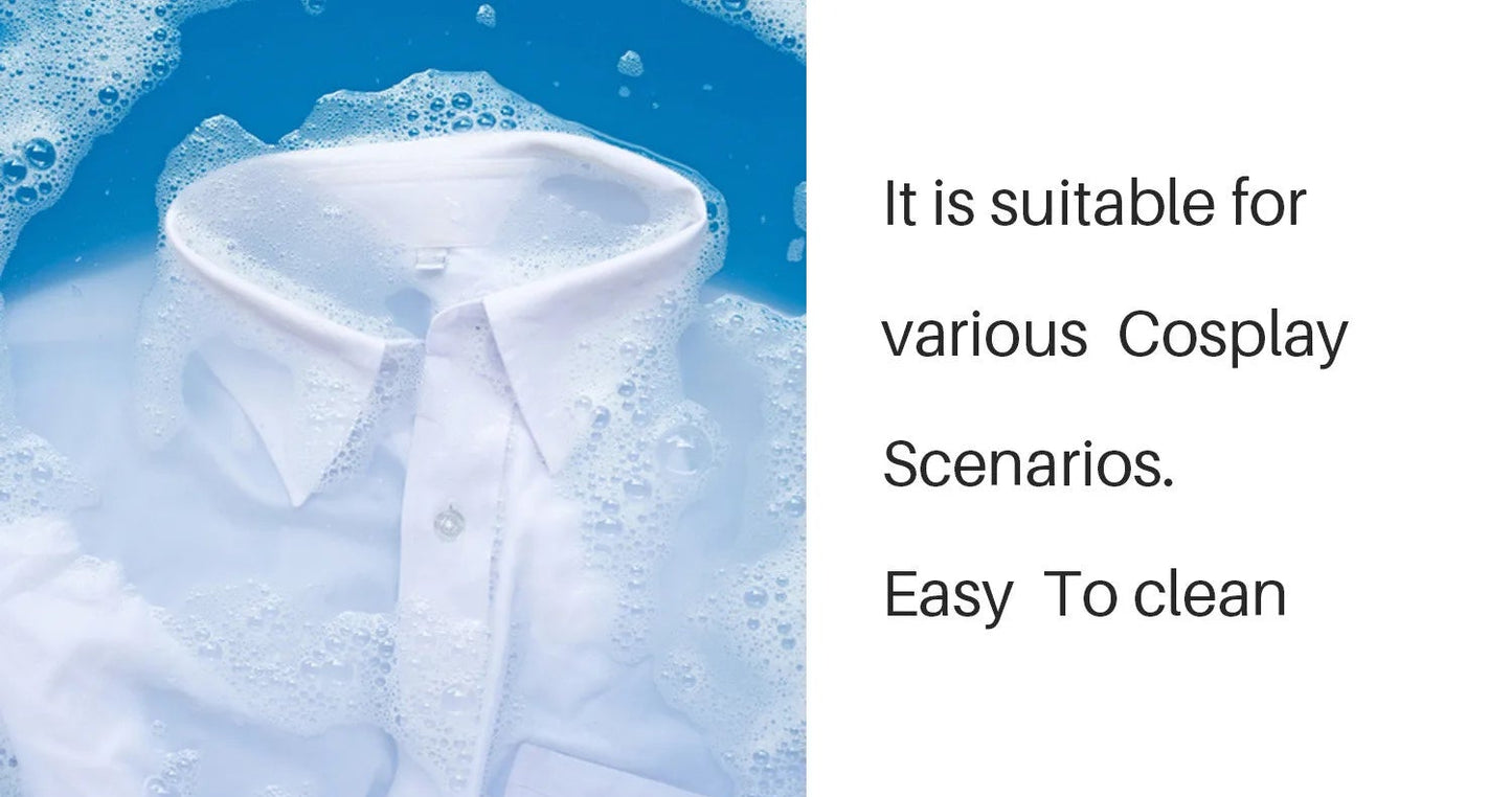 Product packaging with cleaning instructions for a cosplay scenario, featuring a white shirt and spray bottle.