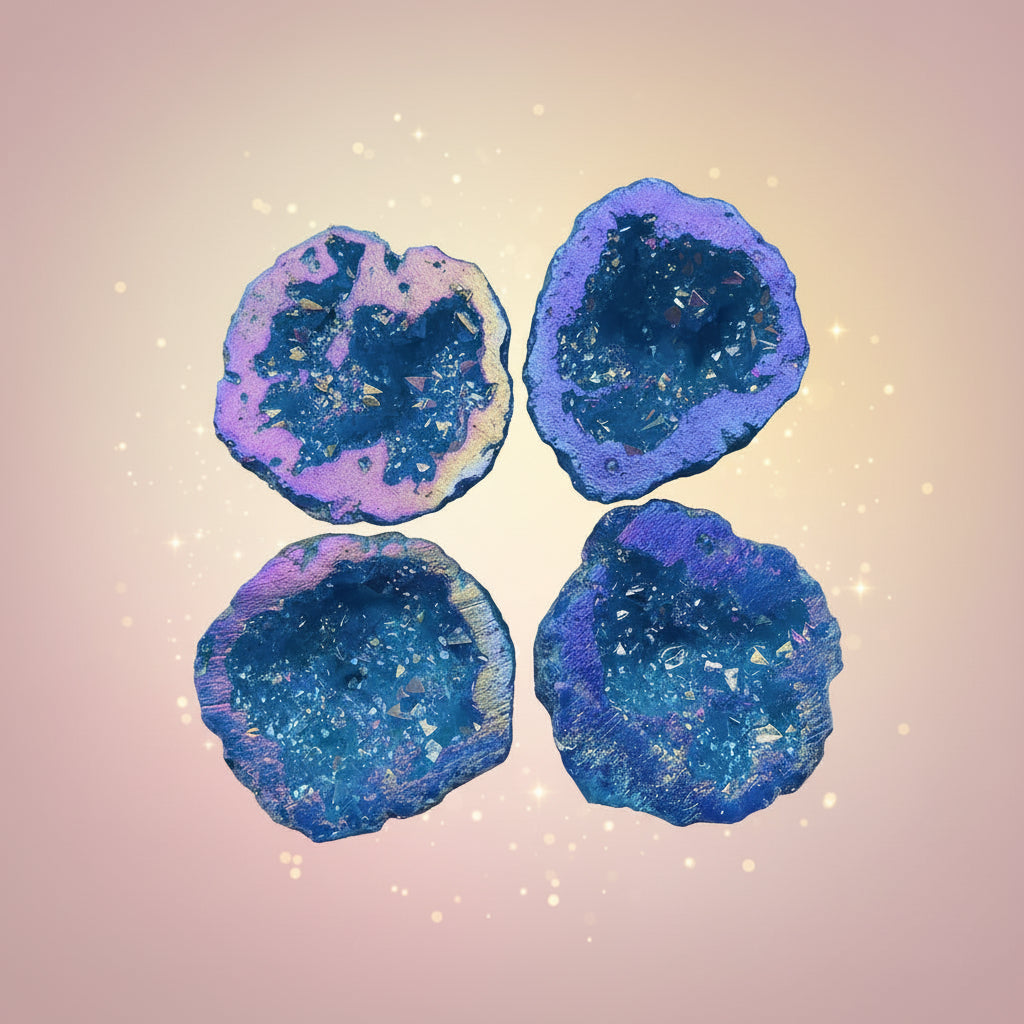 Four blue and purple geode-like rocks on a light background