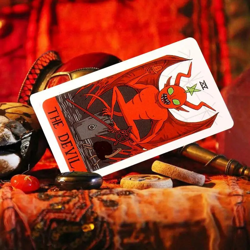 Playing card featuring 'The Devil' card design on a mystical background with candles and stones.