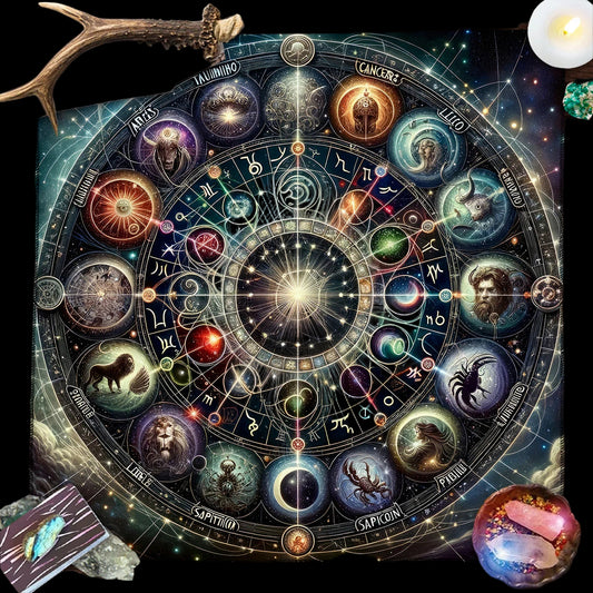 Astrological chart with zodiac signs on a wooden surface with tarot cards and crystals.