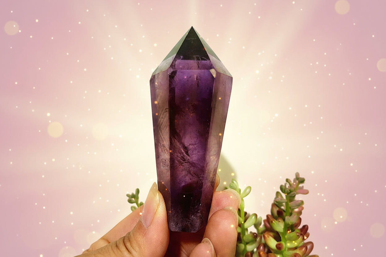 Amethyst crystal held in hand with a white background