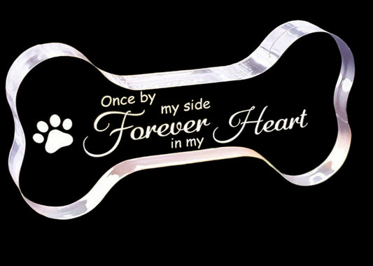 Decorative pet memorial with text 'Once by my side, Forever in my Heart' on a blurred background.
