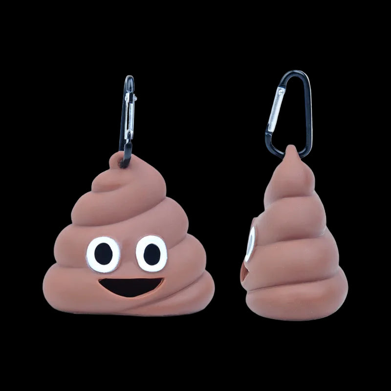 Two poop emoji-shaped keychains with carabiners on a white background