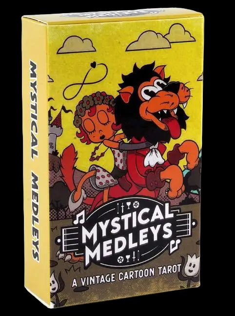 Box of 'Mystical Medleys' vintage cartoon tarot with colorful design on a yellow background