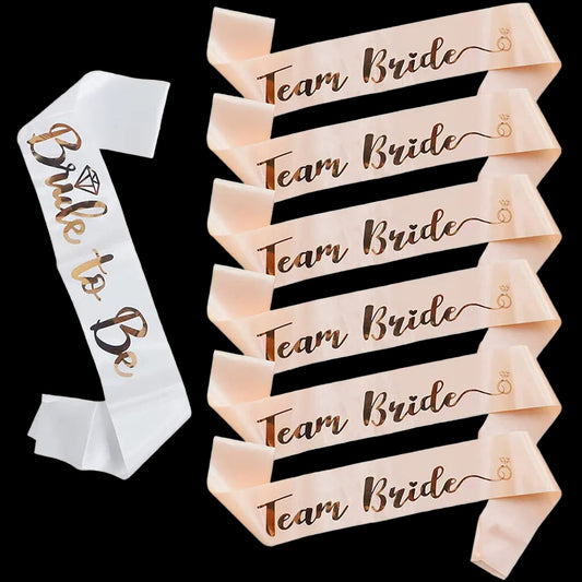 Set of 'Team Bride' sashes with a 'Bride to Be' sash on a white background