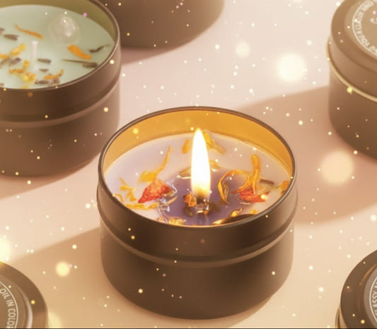 Candle in a black tin with decorative elements on a textured surface