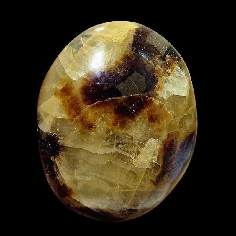 Hand holding a polished crystal with brown and beige patterns against a blurred background
