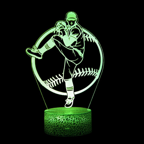 Glowing green lamp shaped like a football player in action on a black background