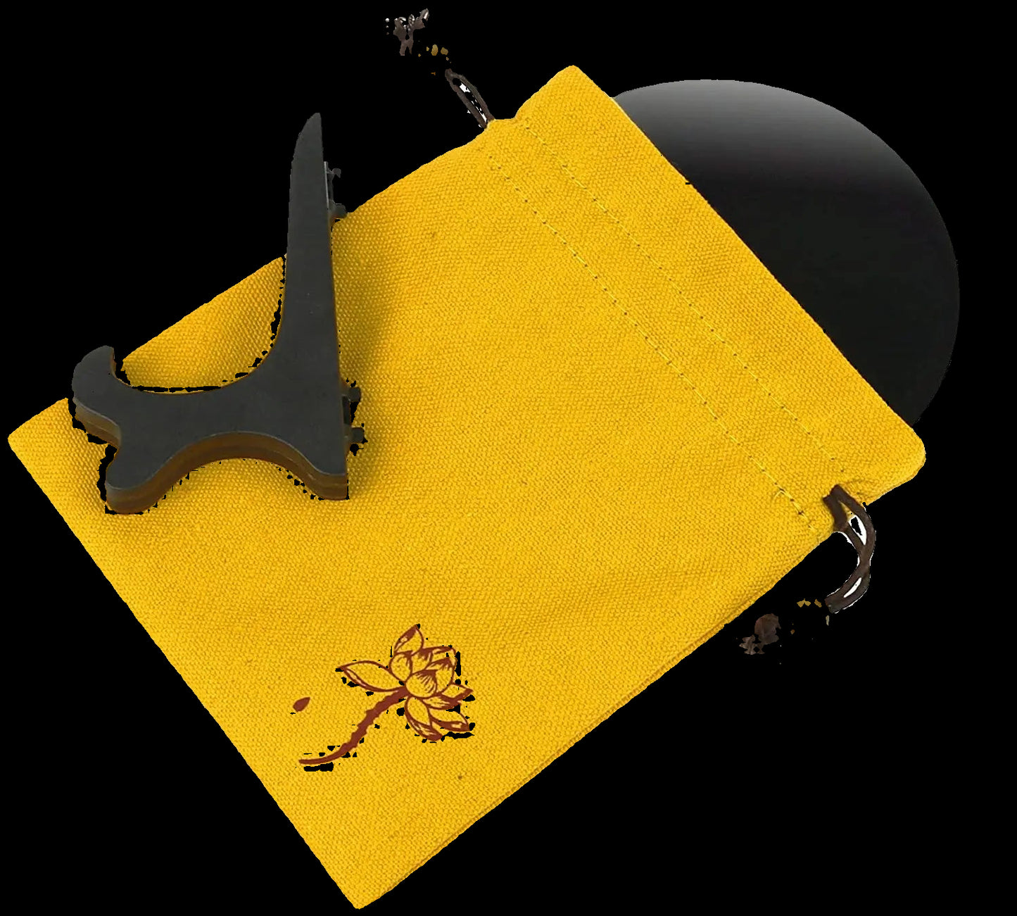 Black guitar capo on a yellow cloth with a logo, against a white background