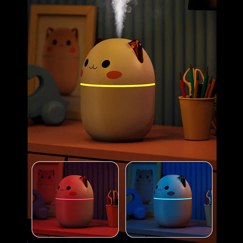 Cute animal-shaped humidifier on a desk with inset images showing different color options.