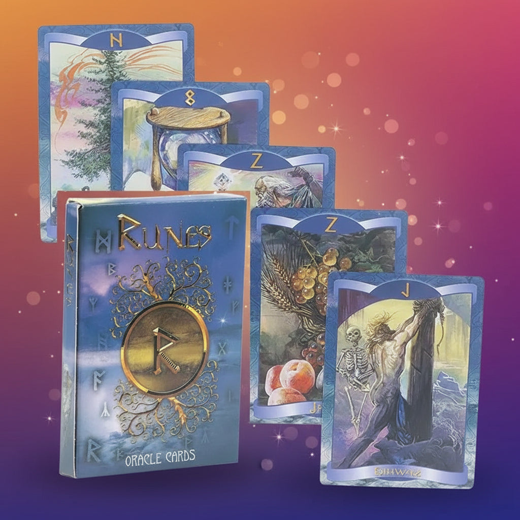 Rune Oracle cards with colorful illustrations on a white background