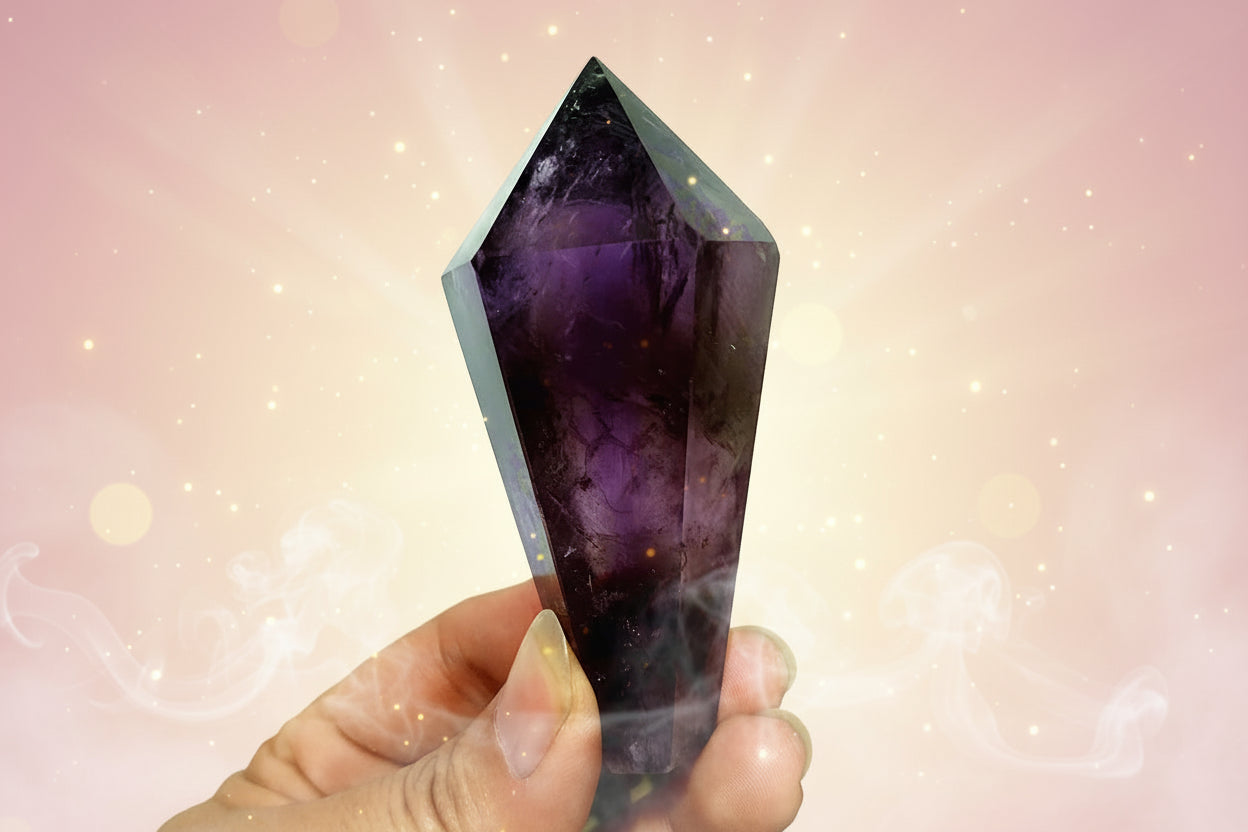 Amethyst crystal held by a hand with a white background and green plants.