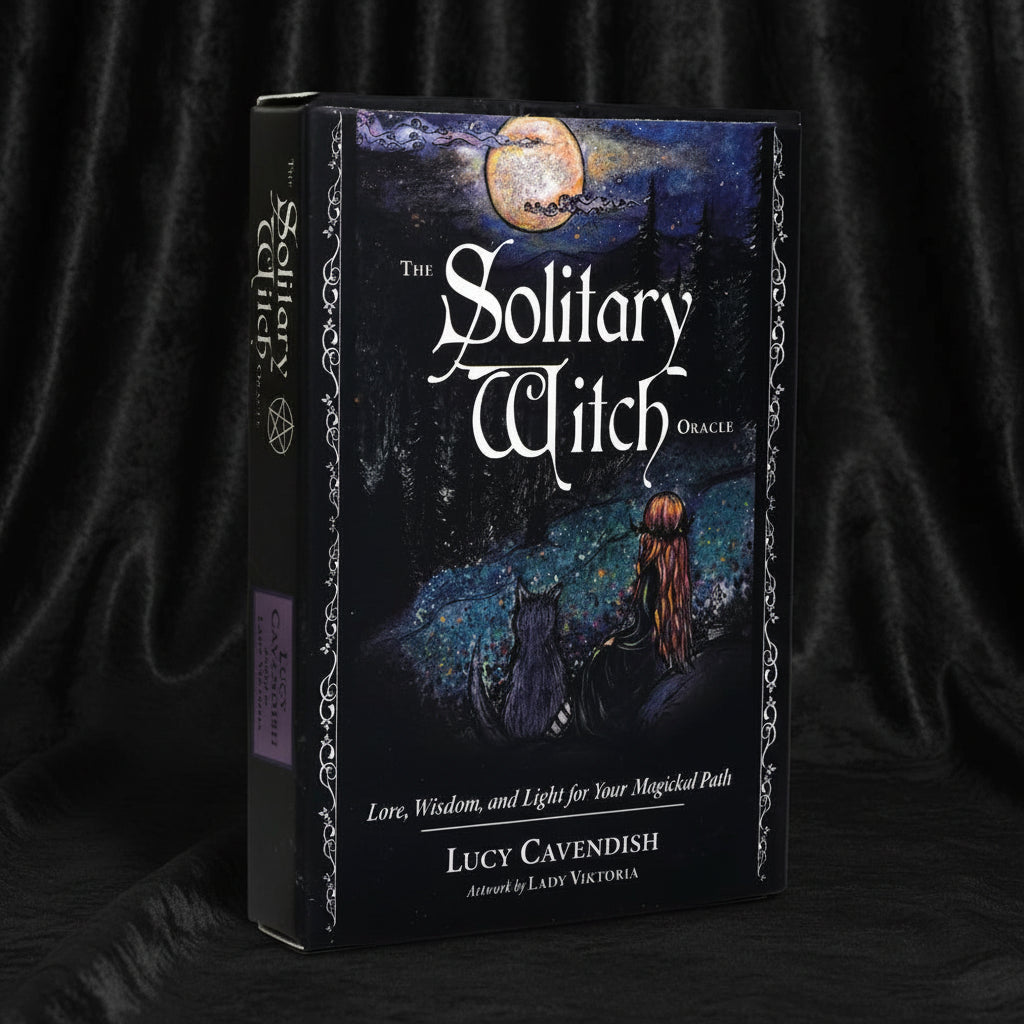 Book titled 'The Solitary Witch' with a cover illustration of a witch and cat under a moonlit sky.