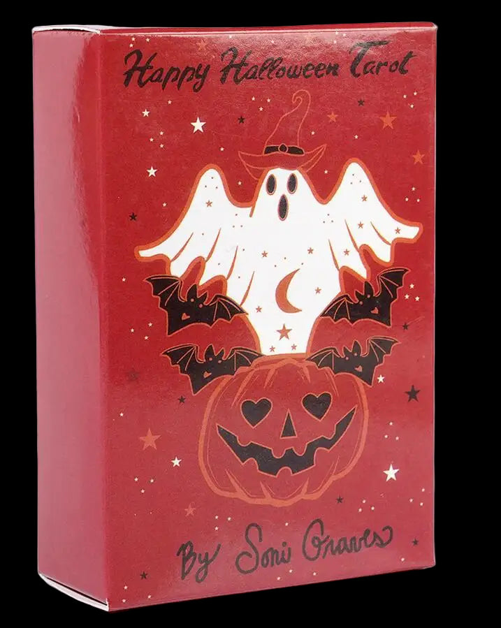 Halloween-themed card box with ghost, pumpkin, and bats on a red background