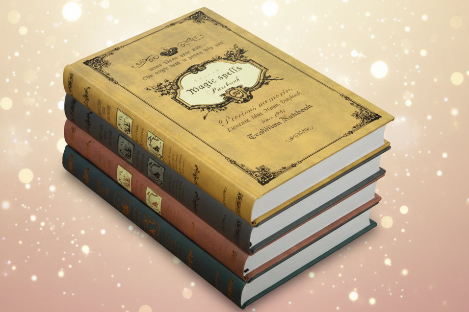 Stack of decorative books with ornate covers on a wooden surface