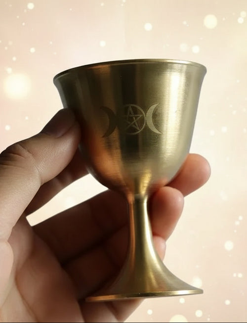 Gold goblet held by a hand against a neutral background