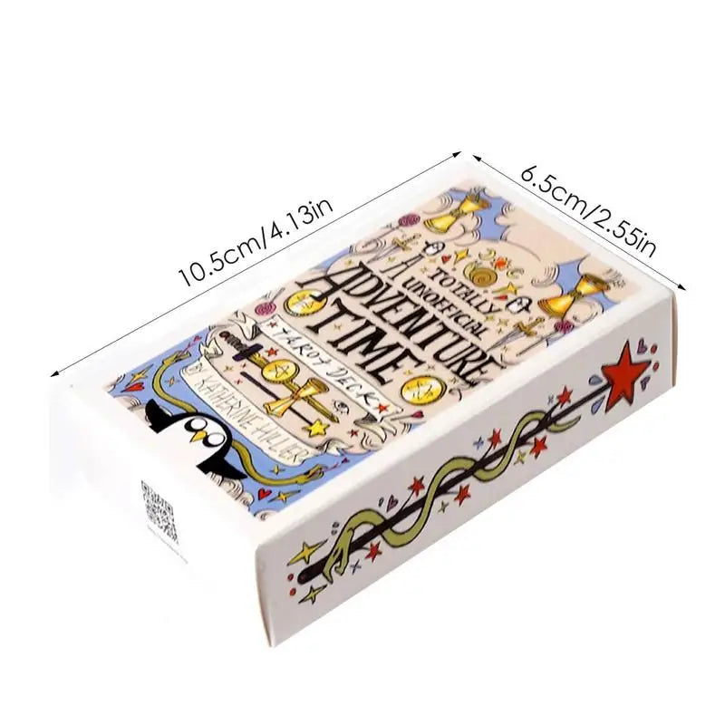 Card game box with decorative design and text, showing dimensions on a white background