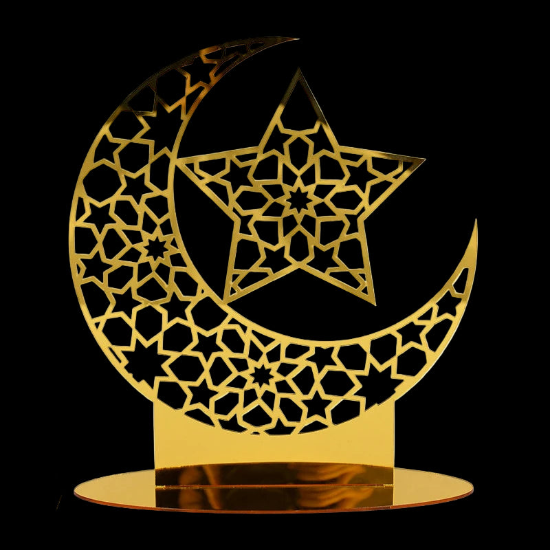 Decorative metal art piece with a star and crescent design on a white background