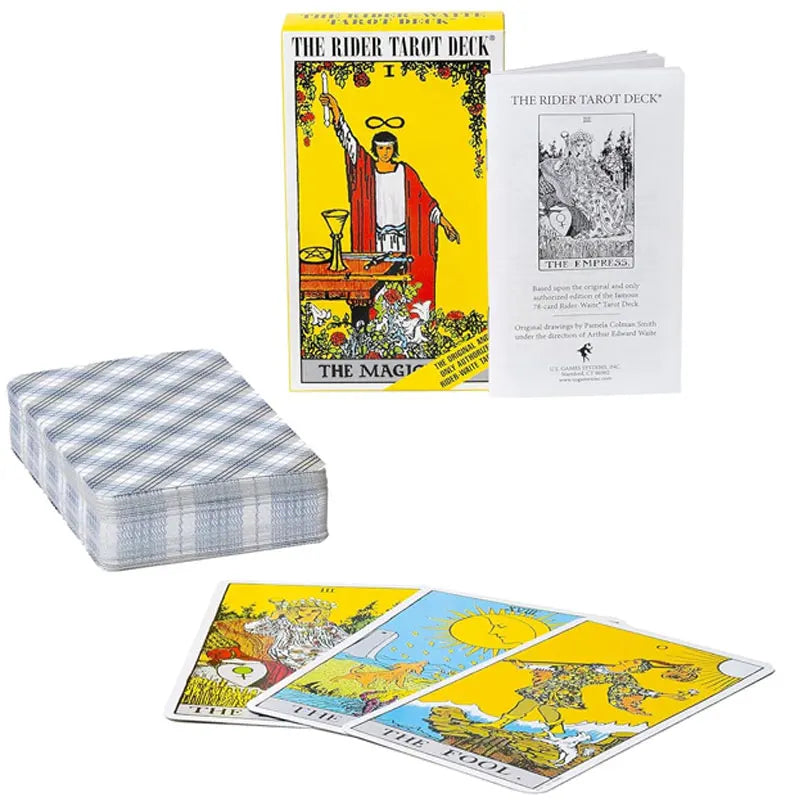 Rider Tarot Deck with cards displayed and packaging on a white background