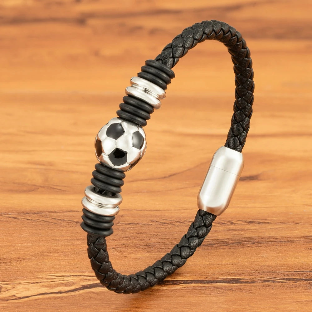 Leather Bracelet Black Stainless Steel Football Hand-Woven Men's Jewelry Gift