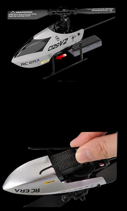 RC ERA helicopter with packaging and details on modular battery and nylon landing gear.