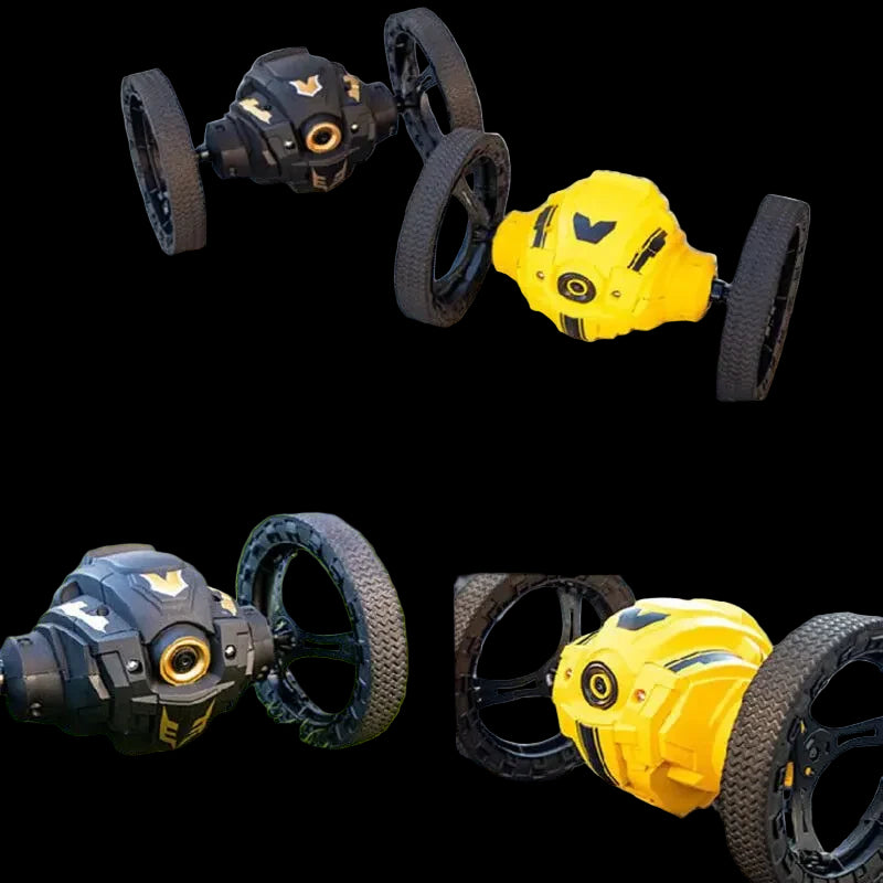 Yellow and black robot toy bouncing on various surfaces