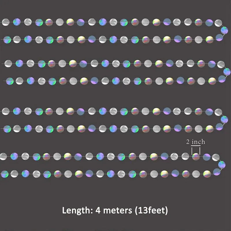 Iridescent string lights on a dark background with measurement details.