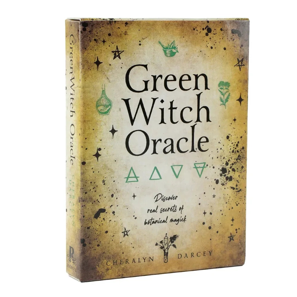 Book titled 'Green Witch Oracle' with a vintage design on a white background