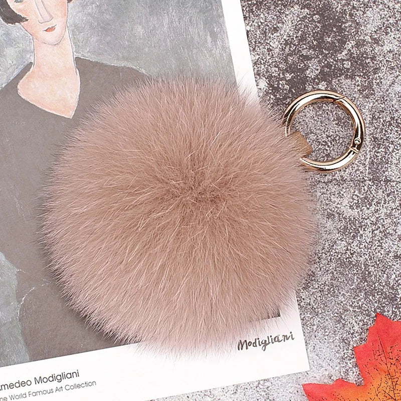 Real Fox Fur Keychain Natural Fur Pompom Ball Bag Charm Luxury  Key Ring