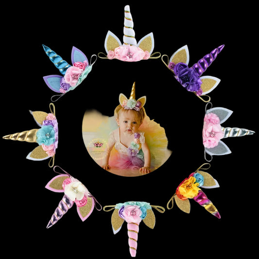 Colorful unicorn headbands with flowers and a photo of a child wearing one.