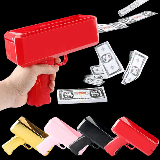 Red money gun toy with printed dollar bills on a white background