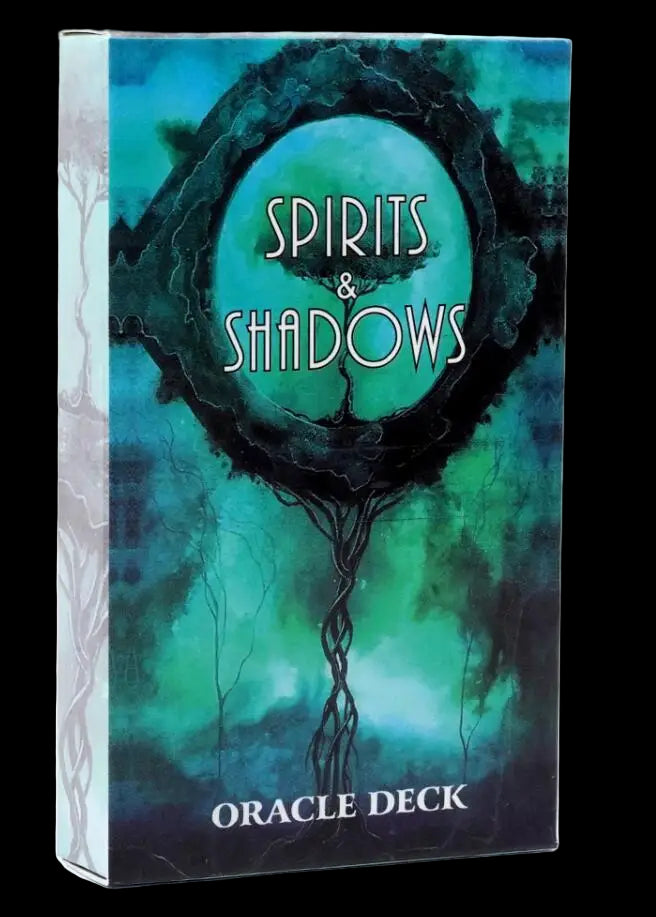Box for 'Spirits & Shadows Oracle Deck' with a mystical design on a white background