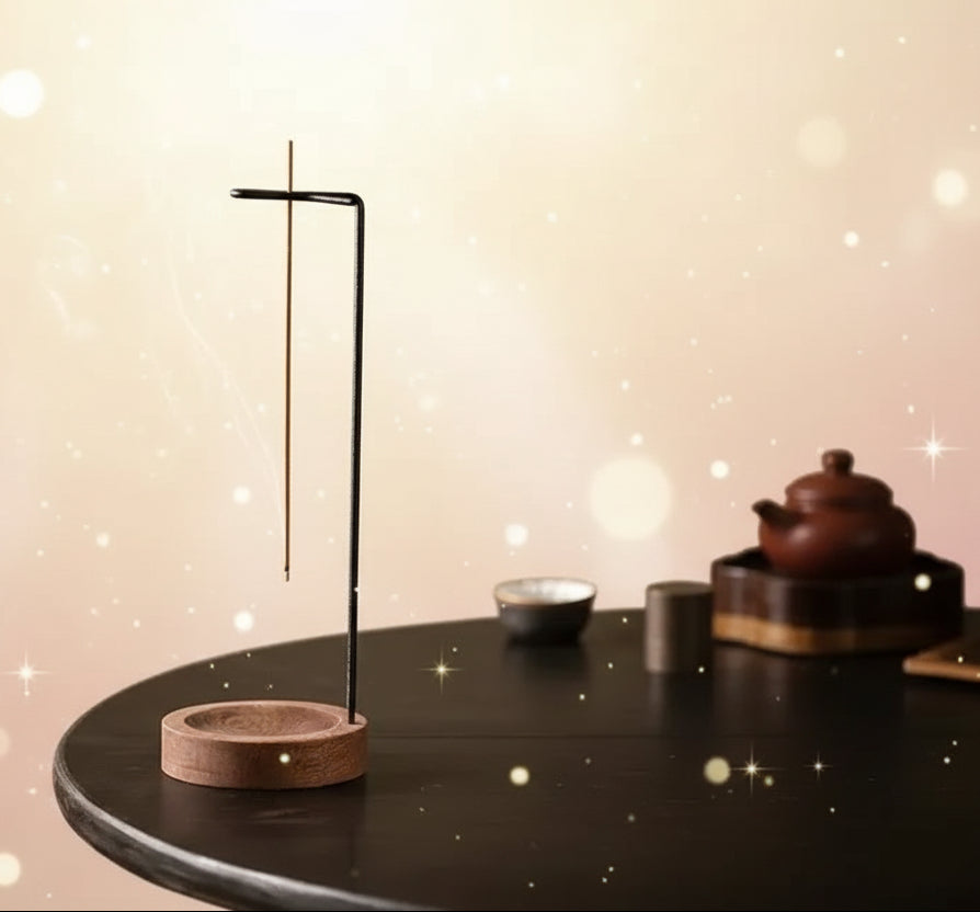 Incense stick holder with incense burning on a dark surface