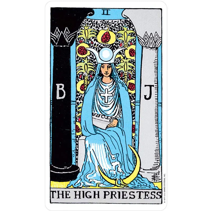 Tarot card featuring 'The High Priestess' with a figure in blue robes and a headdress.
