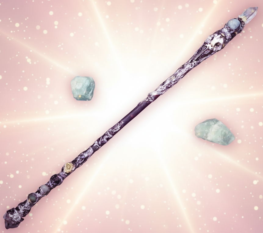 Decorative wand with gemstones on a dark background