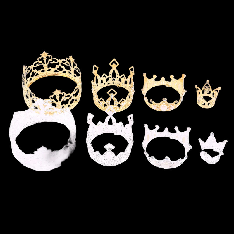 Set of gold tiaras and clear masks on a white background