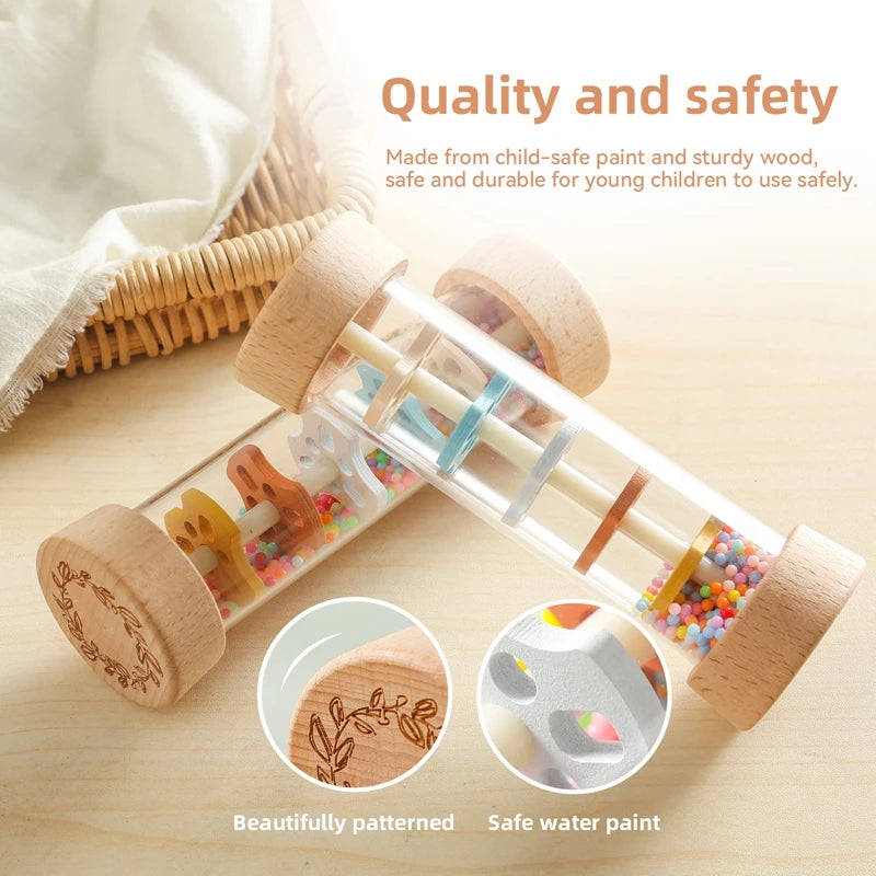 Wooden toy with colorful beads and safety information on a light background