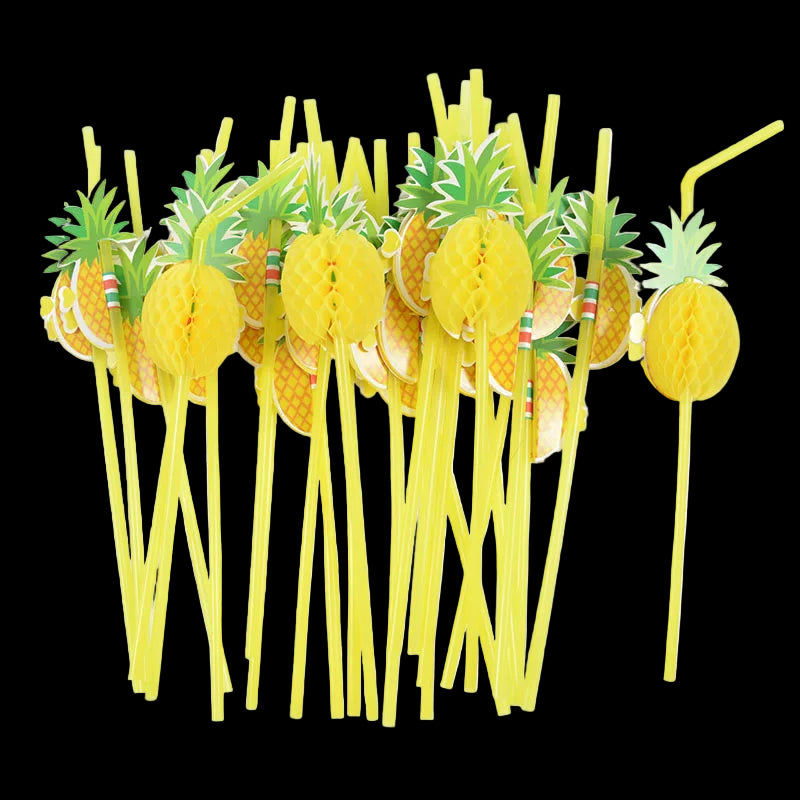 Set of yellow straws with pineapple-themed ends on a white background