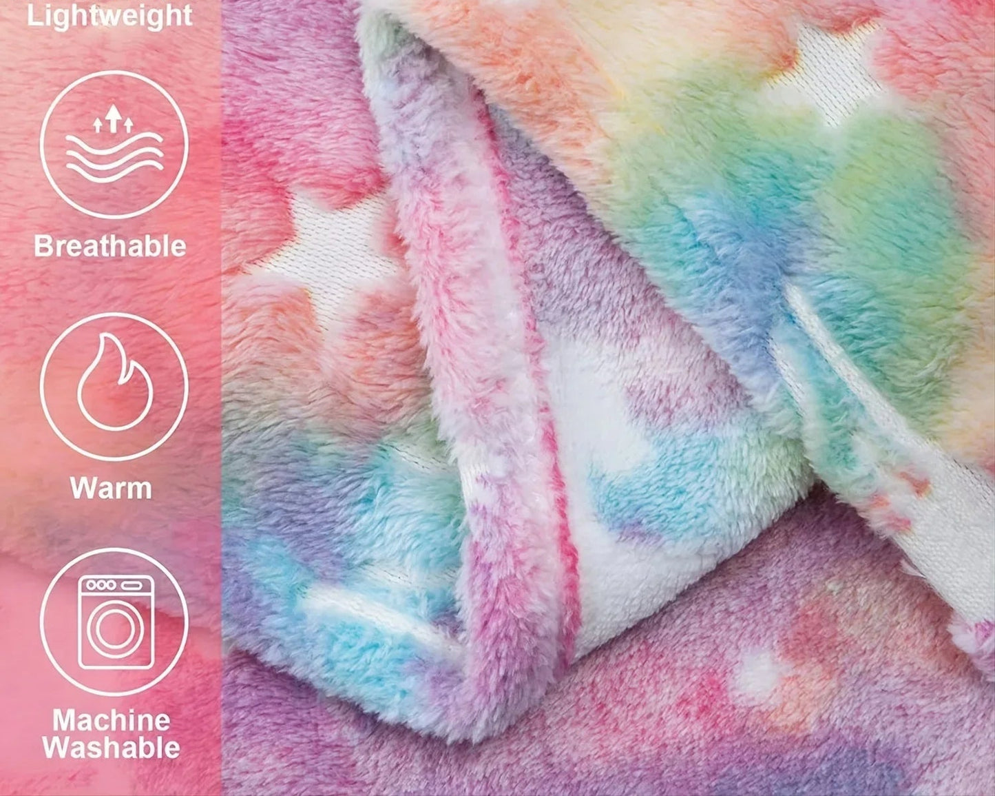 Colorful tie-dye blanket with text highlighting features on a pink background