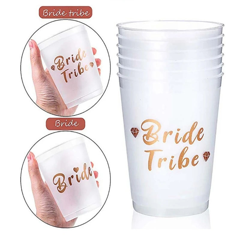 White plastic cups with 'Bride Tribe' and 'Bride' text, suitable for a bachelorette party.