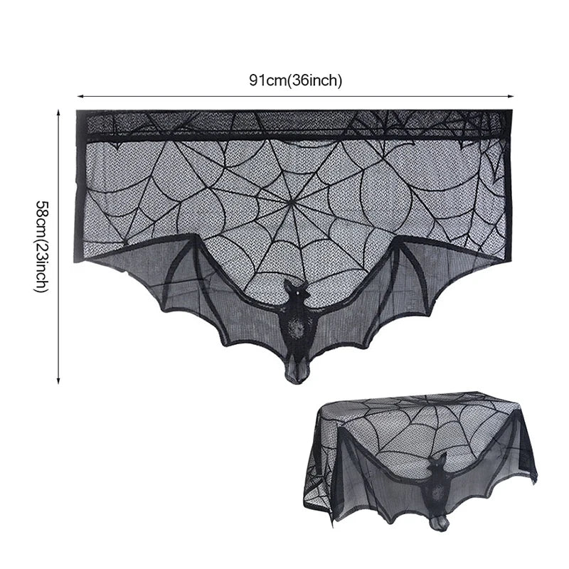 Black spider web tablecloth with bat design and measurements on a white background