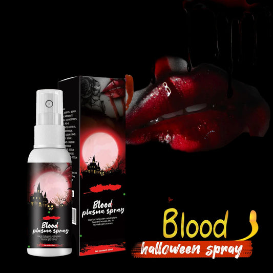 Blood plasma spray with packaging on a Halloween-themed background