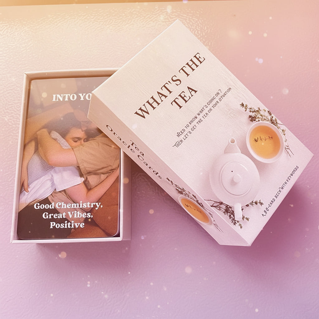 Card box with 'What's the Tea' design and another box with 'Into You' text on a light gray surface.