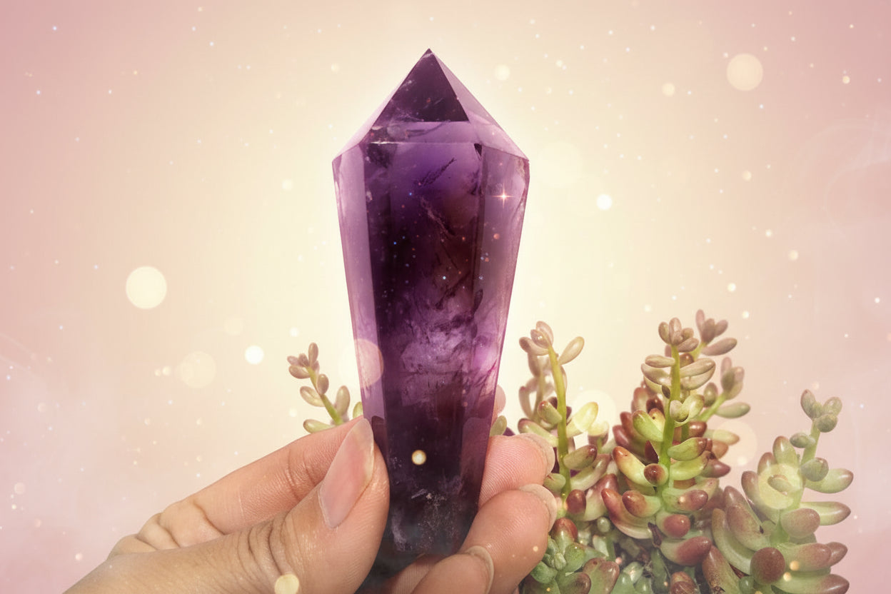Hand holding a purple crystal with green succulents in the background