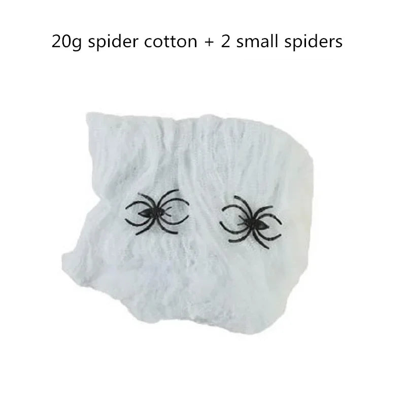 White fabric with black spider designs and text indicating spider cotton and spiders on a white background