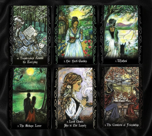 Six illustrated tarot-style cards arranged in a 2x3 grid on a black background. The cards feature fantasy and romantic scenes with figures, trees, water, and glowing moons, and each card has a title such as 'The Reluctant Lover,' 'She Is Not Lonely,' and 'The Comfort of Friendship.